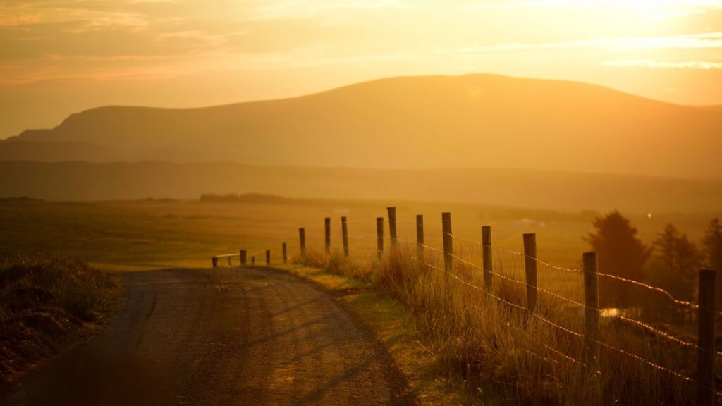 Scenic Irish countryside road leading to mountains captured at sunset.