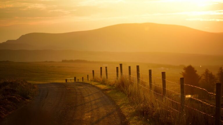 Scenic Irish countryside road leading to mountains captured at sunset.