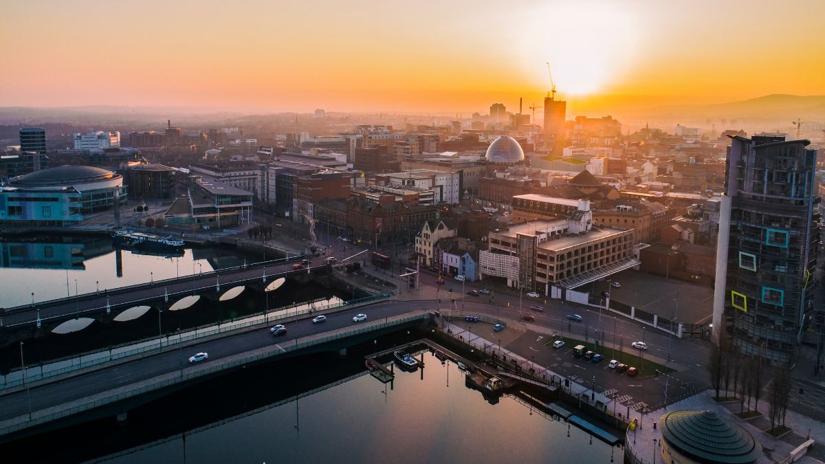 Belfast City Centre sunset aeriel view