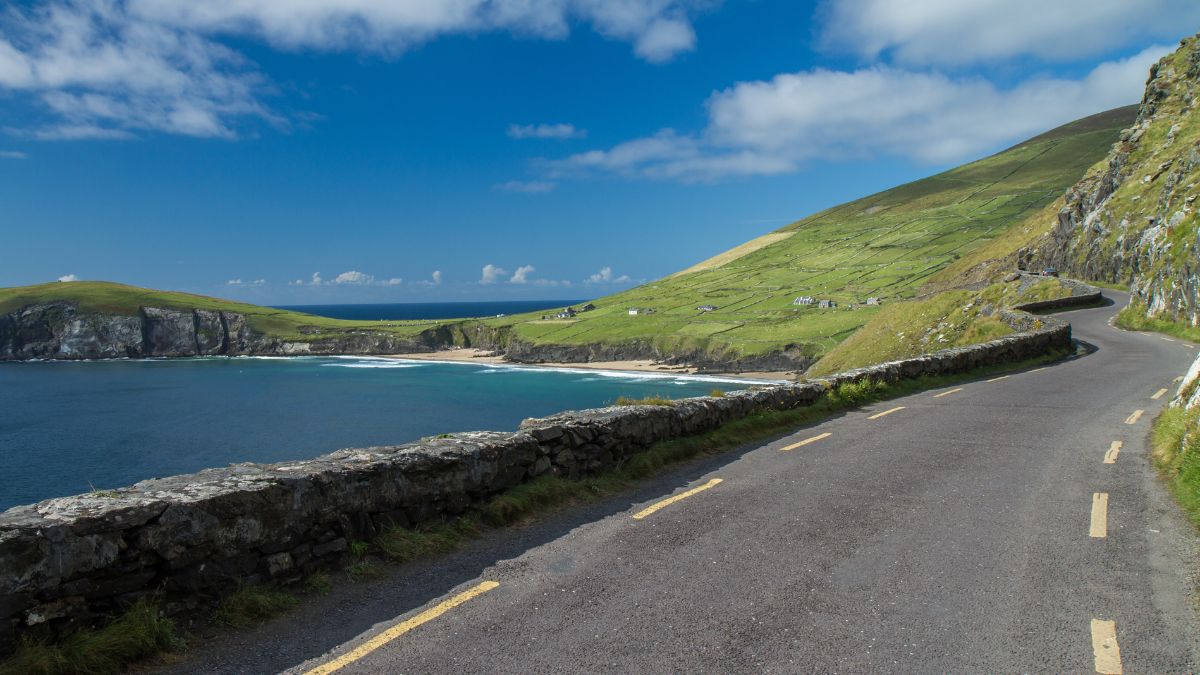 Southwestern Ireland seascape depicting a beautiful highway drive along the shoreline