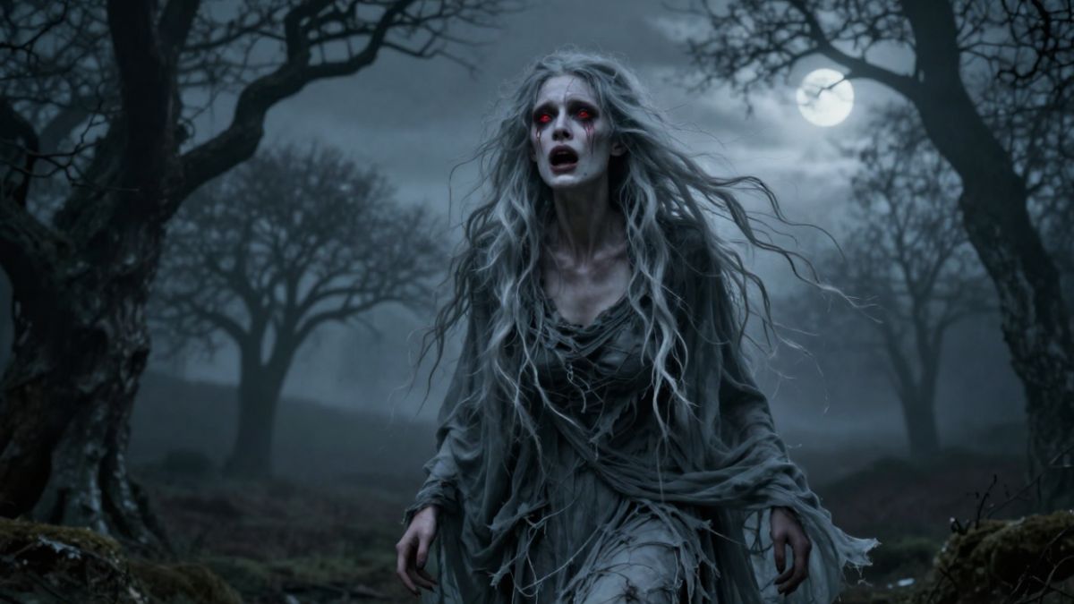 A terrifying female spirit from Irish mythology, unnaturally tall with pale, translucent skin and long messy hair floating around her head. Her eyes are red from weeping and her mouth is open in a silent, mournful scream. She is wearing a tattered, flowing grey shroud. The background is a dark, foggy landscape at twilight with twisted trees and moonlight.