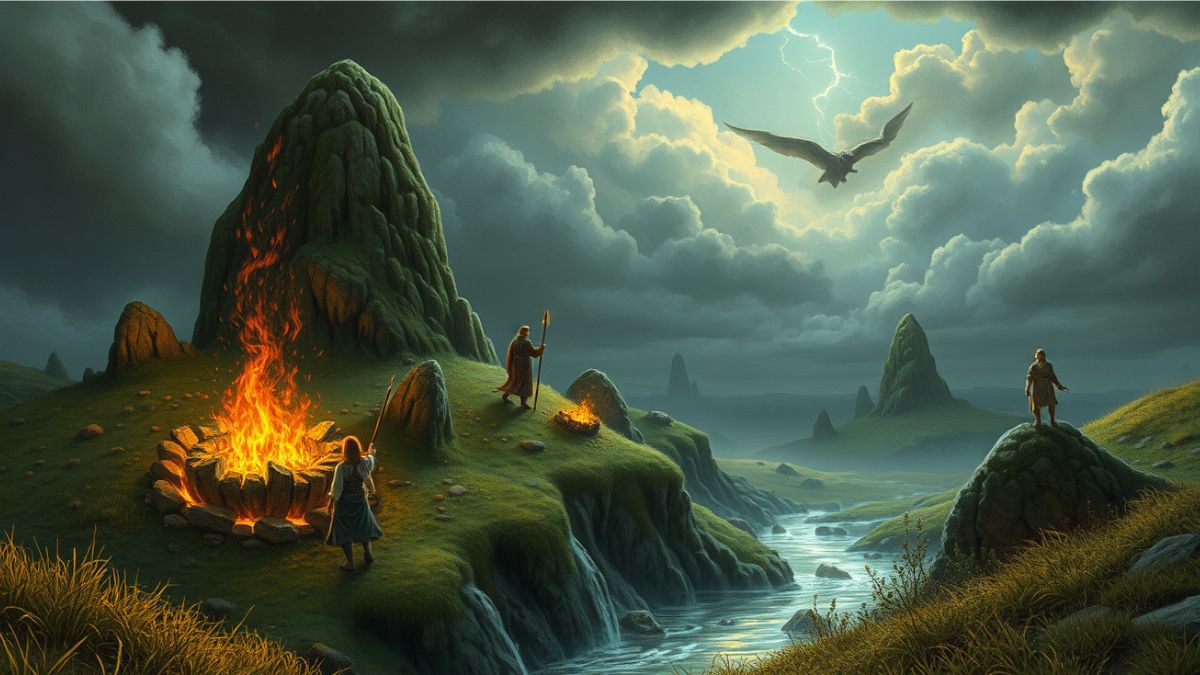 A historical illustration or Celtic-inspired artwork of the Tuatha Dé Danann descending into the mounds.