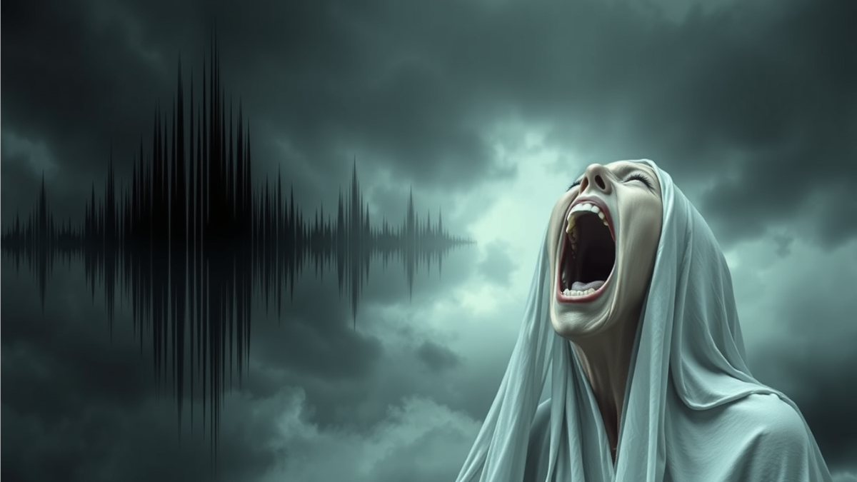 An abstract depiction of sound waves or a ghostly woman’s mouth open in a mournful scream, set against a dark, stormy sky.