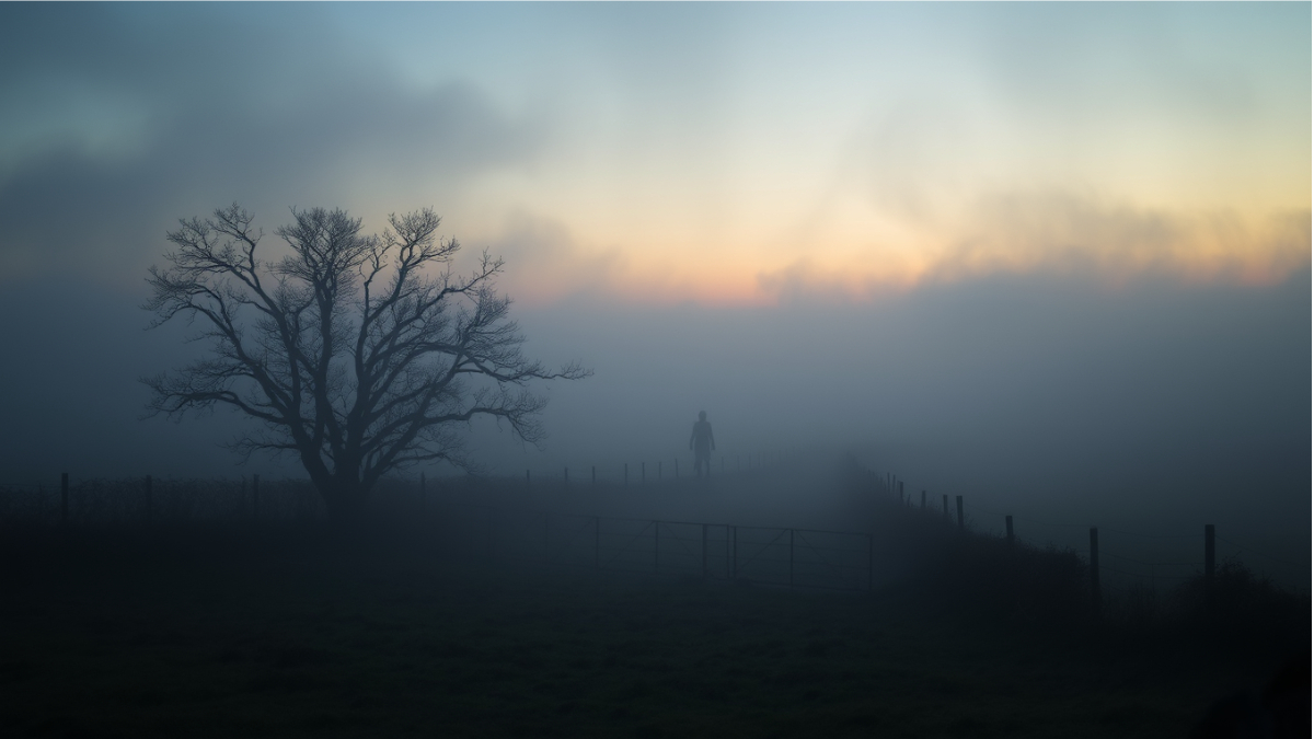 A mist-covered rural Irish landscape at dusk, with a faint silhouette of a banshee-like figure in the distance, adding an air of modern mystery.