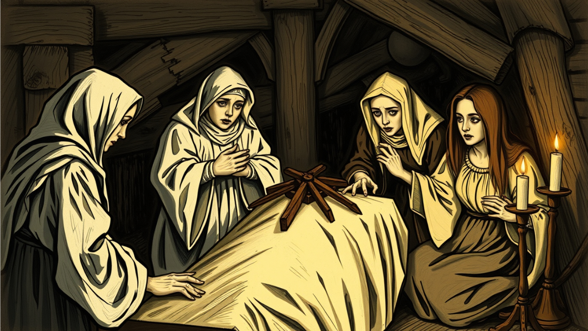 An old Irish wake scene with women keening around a coffin, emphasizing the cultural tradition that inspired the banshee legend.
