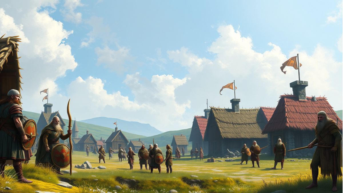 An artist's impression of a Celtic tribal village with chieftains and clanspeople