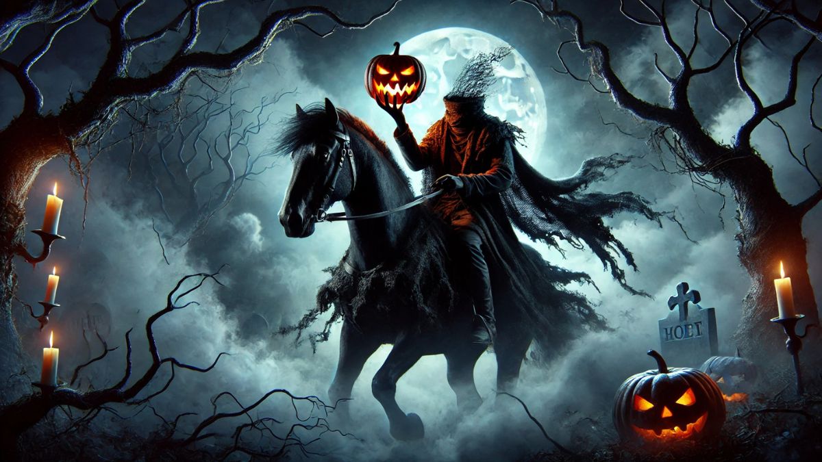 A dramatic, eerie night scene depicting a headless horseman riding a dark, powerful horse through a misty, haunted forest.