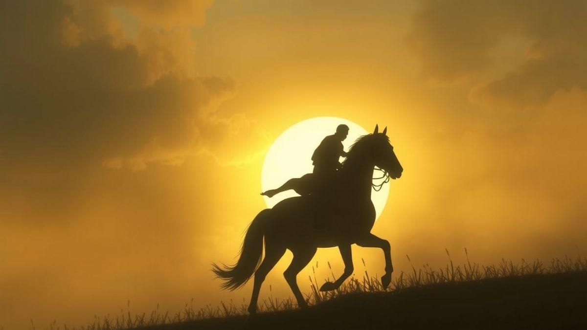 A mysterious, atmospheric silhouette of the Dullahan riding into a fading sunset or a foggy, haunted countryside.