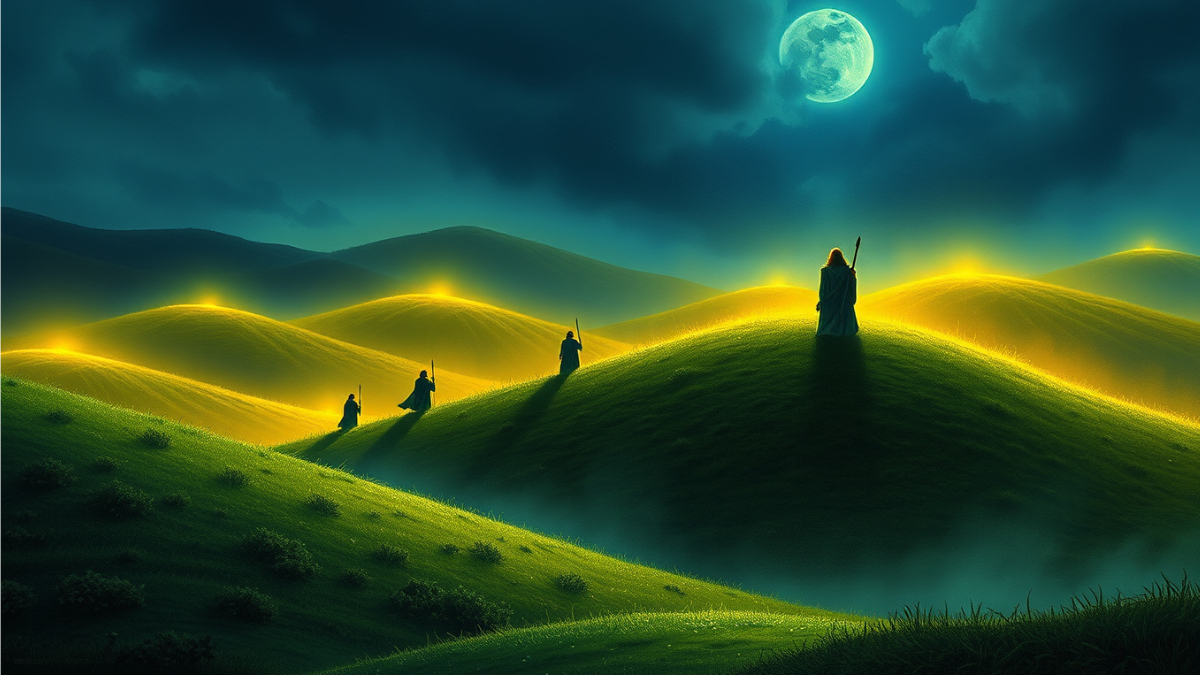 A depiction of the Tuatha Dé Danann retreating into the rolling hills of Ireland, their forms glowing faintly as they fade into the mounds, symbolizing their transformation into the Aos Sí.