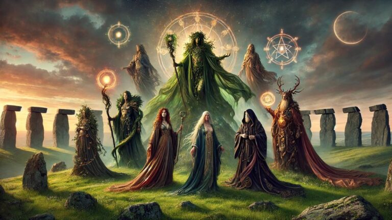 A group of regal, ethereal figures standing on a lush, green hilltop with an ancient stone circle in the background.