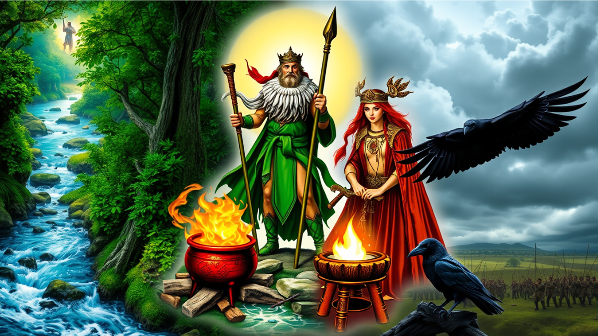 A collage of the prominent Tuatha Dé Danann figures, each shown in their element:
