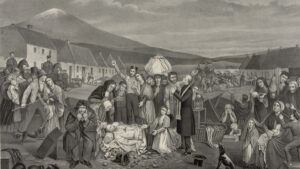 THE EVICTION: A SCENE FROM LIFE IN IRELAND. 1871 American print shows a community of tenant farmers with their belongings being forcibly evicted from their homes. Many Irish landlords, evicted tenants to avoid the responsibility of providing famine relief