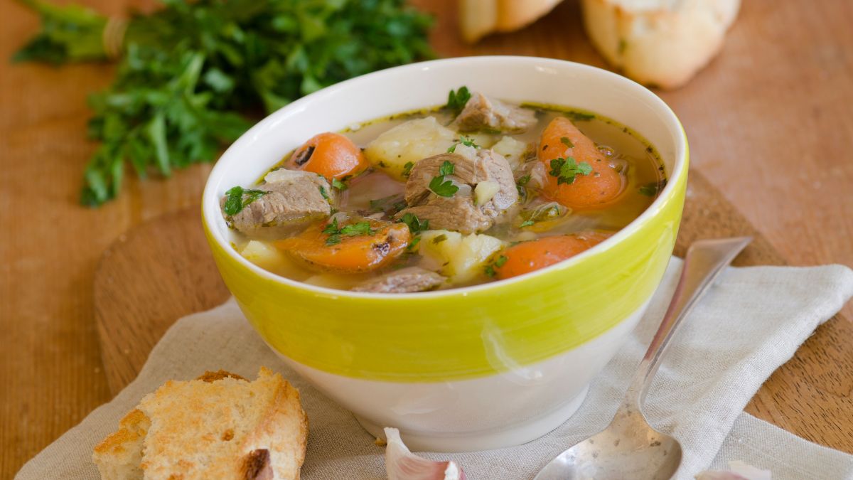 Slow cooked Irish stew with tender lamb meat, potatoes and vegetables