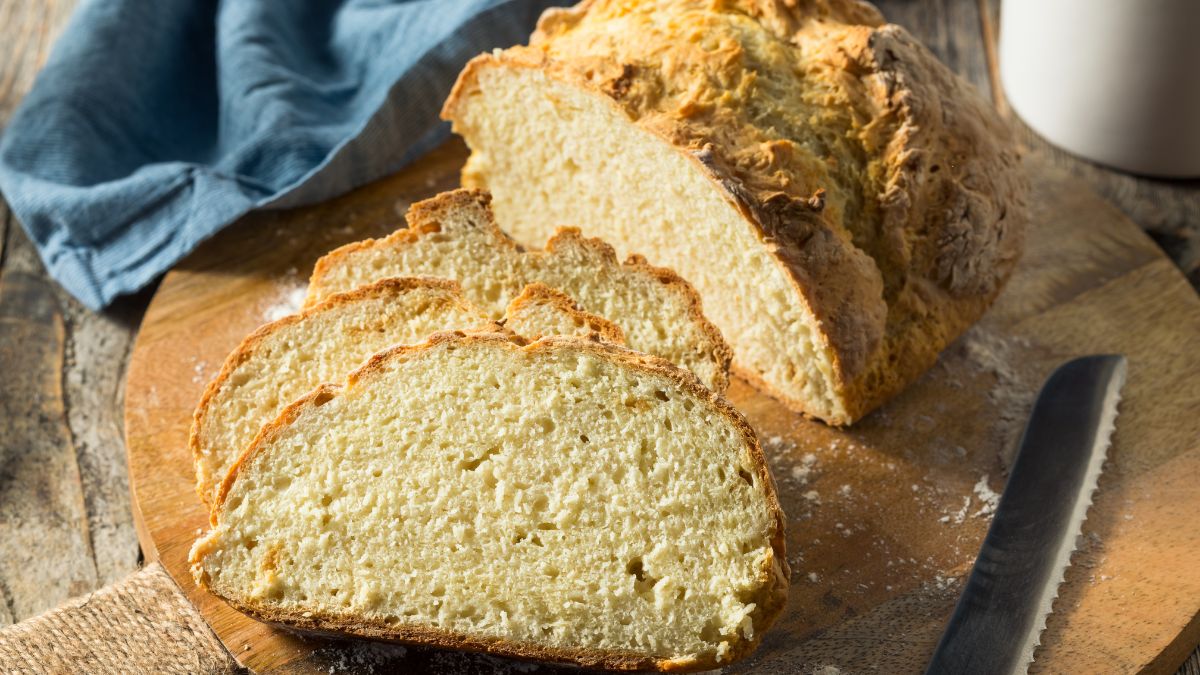 A closeup shot of sliced Irish Soda Bread