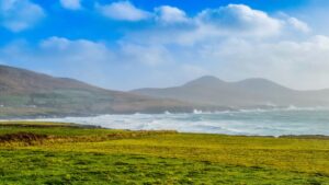 Scenic coastal pasture along the Wild Atlantic Way and Ring of Kerry in Ireland