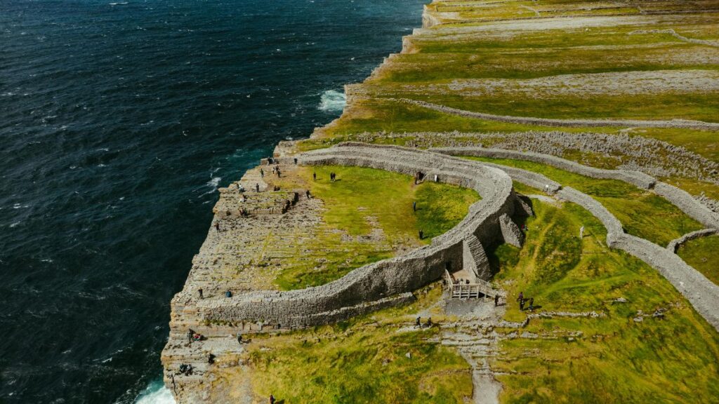 Aerial view of Dun Aonghosa on Inishmore, Aran Islands.