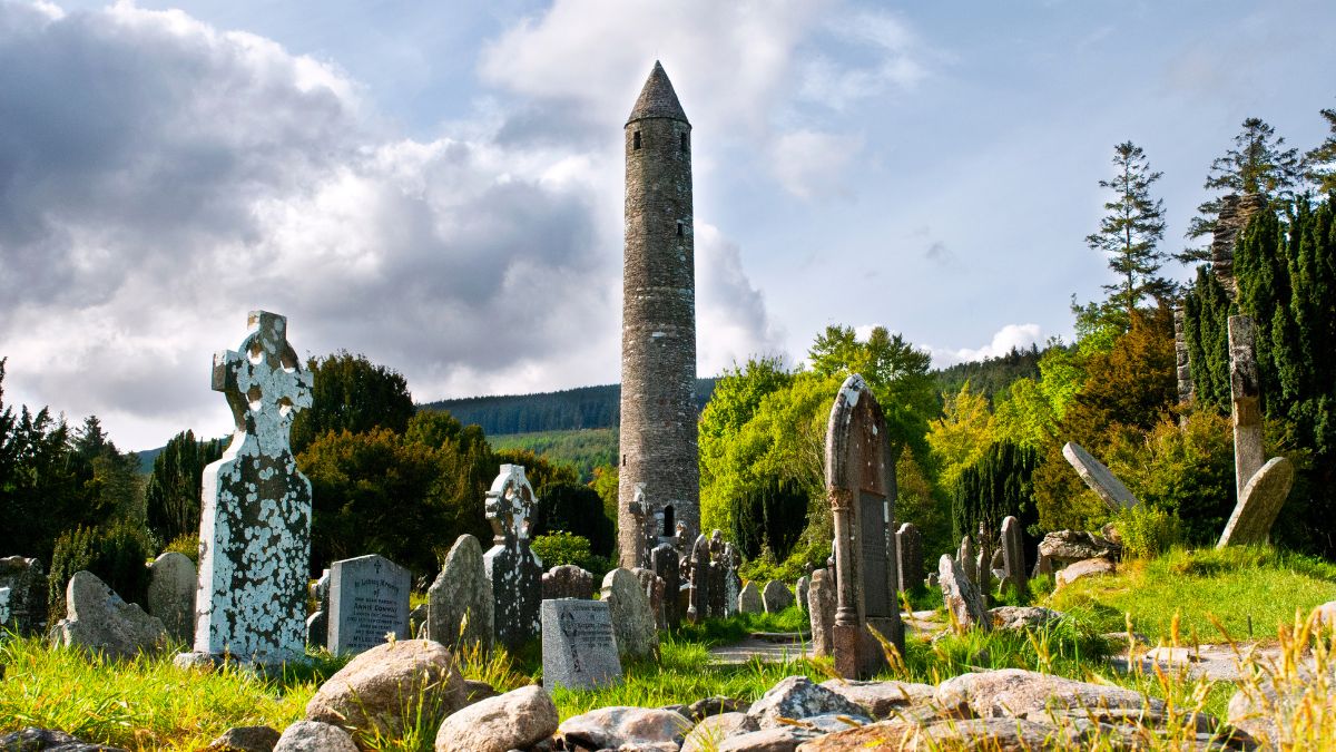 Round tower and cemetery, Glendalough, Ireland,