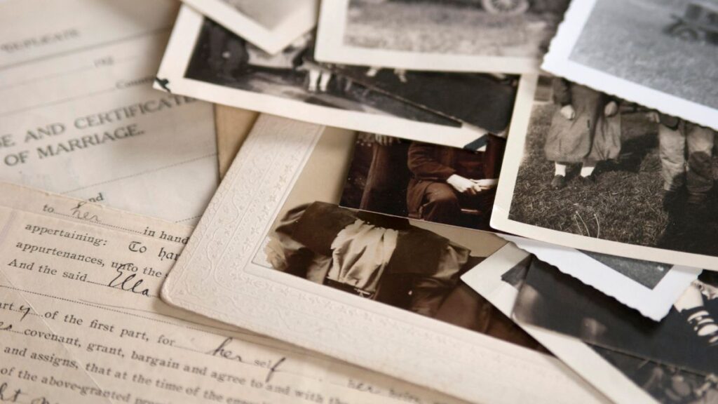 Genealogy family history theme with old photos and documents