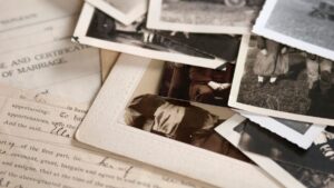 Genealogy family history theme with old photos and documents