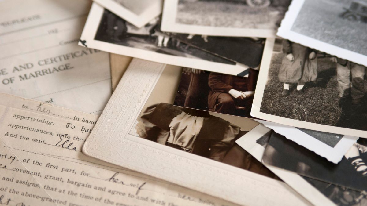 Genealogy family history theme with old photos and documents